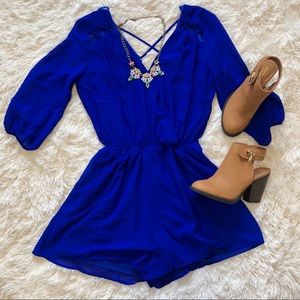 Royal blue surplice front 3/4 sleeve romper